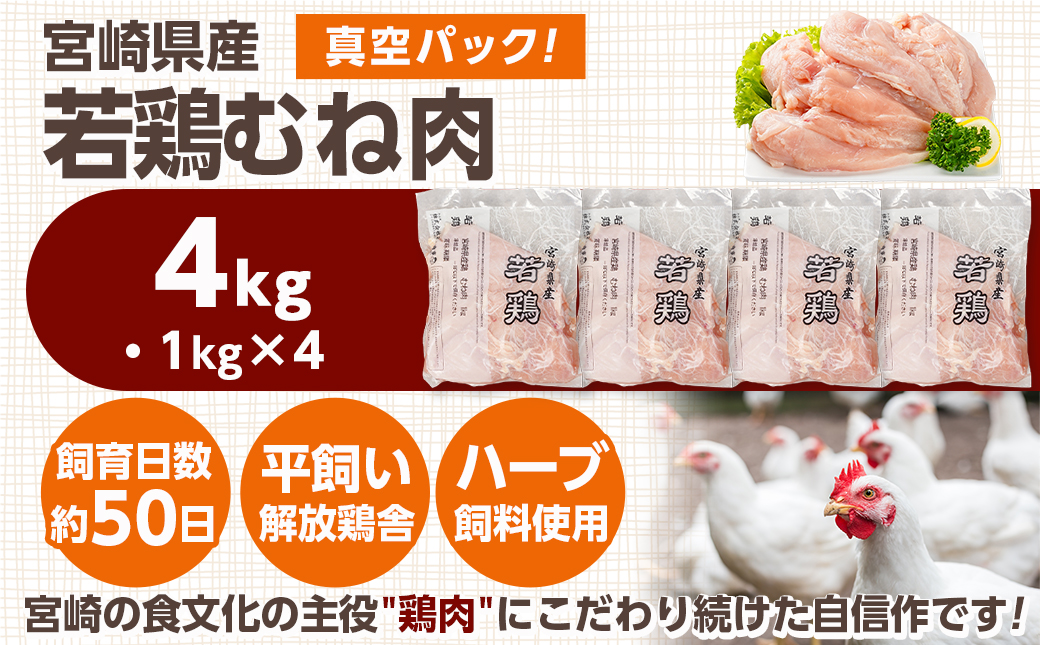 宮崎県産若鶏 むね肉(4kg)_LG-G302