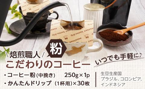 焙煎職人こだわりのコーヒー【粉】250g 小分けパック(ジッパー・バルブ付) 中深煎り※ポスト投函≪かんたんドリップ30枚付≫_LB-3301