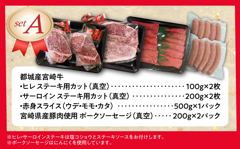 【☆クリスマス☆】まるゆうのクリスマスAセット(ステーキ2種&赤身スライス&ソーセージ)1.5kg≪12月20日～23日お届け≫_AI-N401-OJX