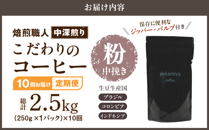 10回お届け!焙煎職人こだわりのコーヒー定期便【粉】250g 小分けパック(ジッパー・バルブ付) ※中深煎り※ポスト投函_TLA10-3301