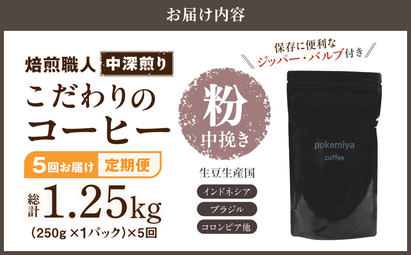 5回お届け!焙煎職人こだわりのコーヒー定期便【粉】250g 小分けパック(ジッパー・バルブ付) ※中深煎り※ポスト投函_TLA5-3301