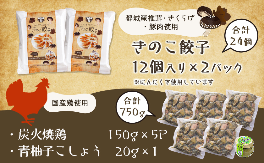 本格手焼き!炭火焼鶏(150g×5P)&きのこ餃子セット_11-1403_【 鶏 肉 鶏肉 国産 とり 小分け 炭火焼き 】