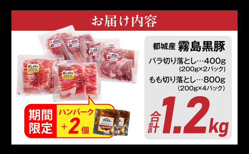 家計応援キャンペーン!霧島黒豚バラ&もも切り落とし1.2kgセット+ハンバーグ_11-2805-CP