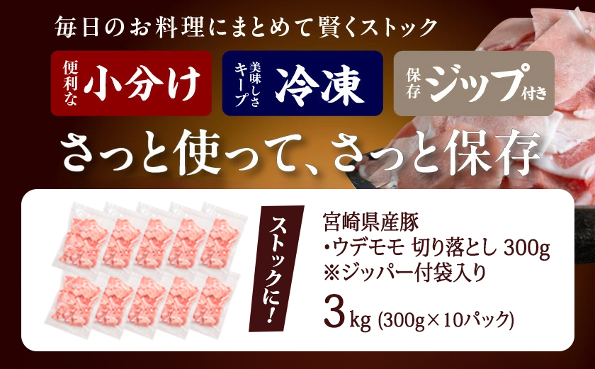 宮崎県産豚切り落とし3kg(ジッパー付袋入り)_13-1511