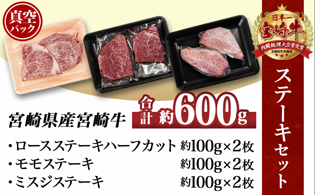 宮崎牛ロース・モモ・ミスジ3種6枚ステーキセット_17-8908