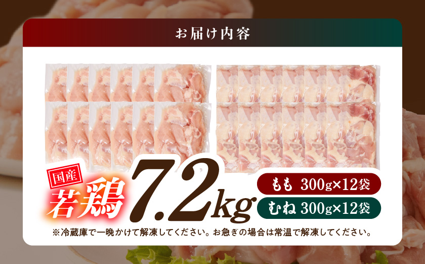 国産若鶏7.2kg 小分けパック!カット済み!(もも300g×12P・むね300g×12P)_23-3301【鶏肉 もも モモ むね ムネ】