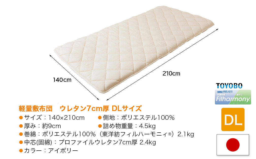 【アイボリー】体圧分散プロファイルウレタン軽量敷布団 ウレタン7cm厚 DL_55-J201-iv