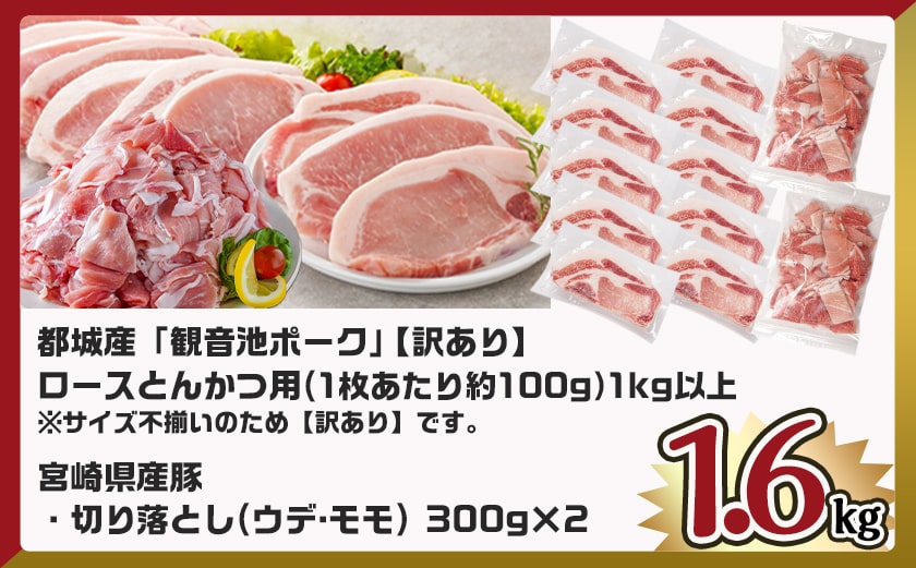 観音池ポークロースとんかつ用【訳あり】&宮崎県産豚切り落とし1.6kgセット_AA-9234