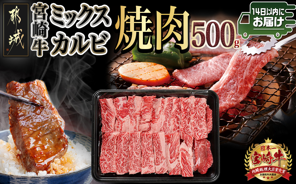 宮崎牛ミックスカルビ焼肉500g≪みやこんじょ快速便≫_14-8902-R_【肉 牛肉 焼き肉 焼肉 人気 おすすめ 国産 宮崎県産】