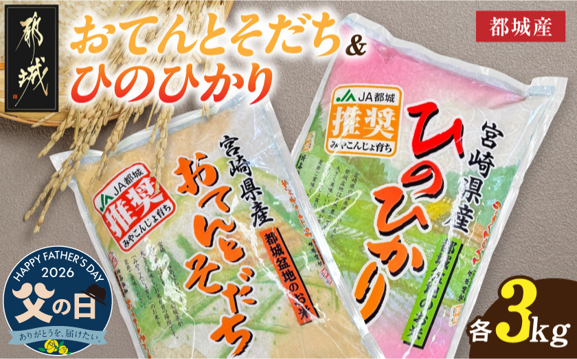 【父の日】都城産のお米「おてんとそだち」&「ひのひかり」各3kg≪6月18日～21日お届け≫_18-N501-FG