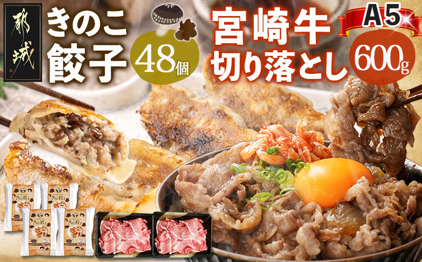 きのこ餃子48個&宮崎牛(A5)霜降り切り落し600g_AD-8701