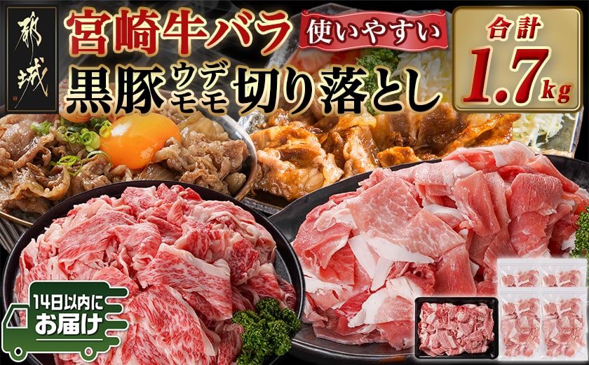 宮崎牛バラ&黒豚ウデ・モモ切り落としセット(合計1.7kg)≪みやこんじょ快速便≫_MJ-N403-R