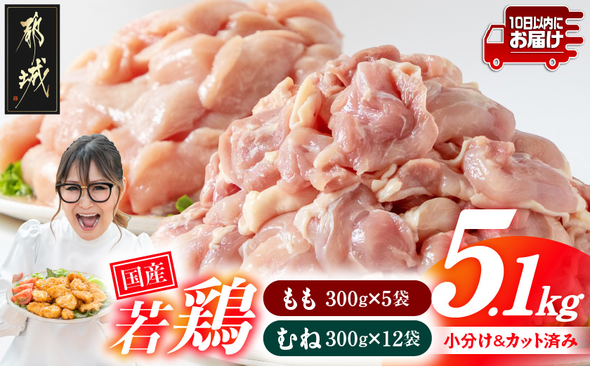 国産若鶏5.1kg 小分けパック!カット済み!(もも300g×5P・むね300g×12P)≪みやこんじょ特急便≫_MJE-33-007-N5100g-Q