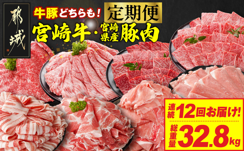 ≪12回連続お届け≫とにかくお肉大好き!宮崎牛と宮崎県産豚定期便L(総重量32.8kg)_T336-12-N201