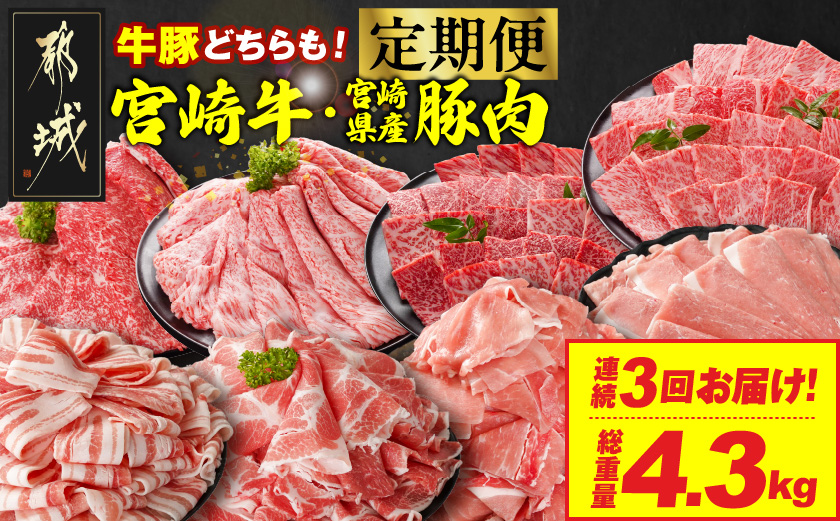 ≪3回連続お届け≫とにかくお肉大好き!宮崎牛と宮崎県産豚定期便M(総重量4.3kg)_T48-3-N201