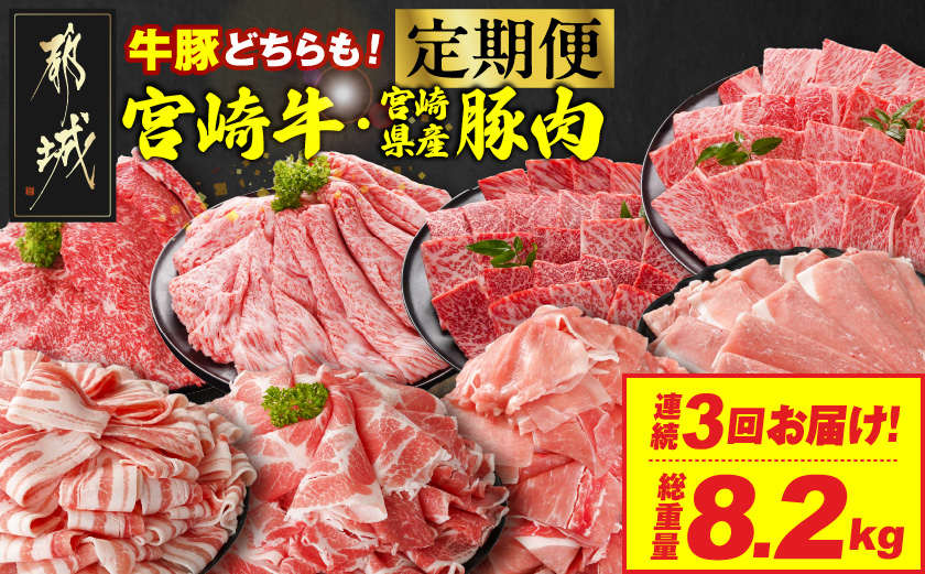 ≪3回連続お届け≫とにかくお肉大好き!宮崎牛と宮崎県産豚定期便L(総重量8.2kg)_T84-3-N201