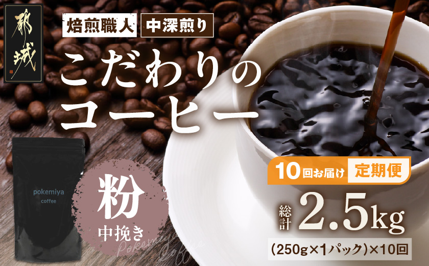 10回お届け!焙煎職人こだわりのコーヒー定期便【粉】250g 小分けパック(ジッパー・バルブ付) ※中深煎り※ポスト投函_TLA10-3301
