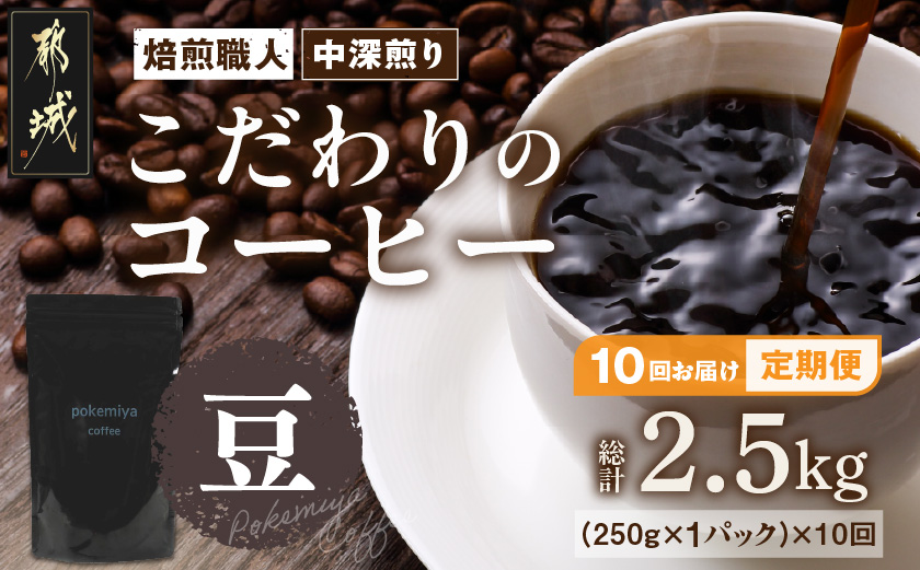10回お届け!焙煎職人こだわりのコーヒー定期便【豆】250g 小分けパック(ジッパー・バルブ付) ※中深煎り※ポスト投函_TLA10-3302