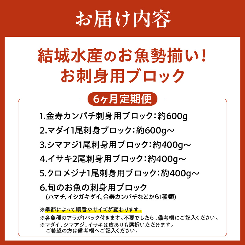【6ヶ月定期便】(冷蔵)結城水産のお魚勢ぞろい！お刺身用ブロック N015-YF092