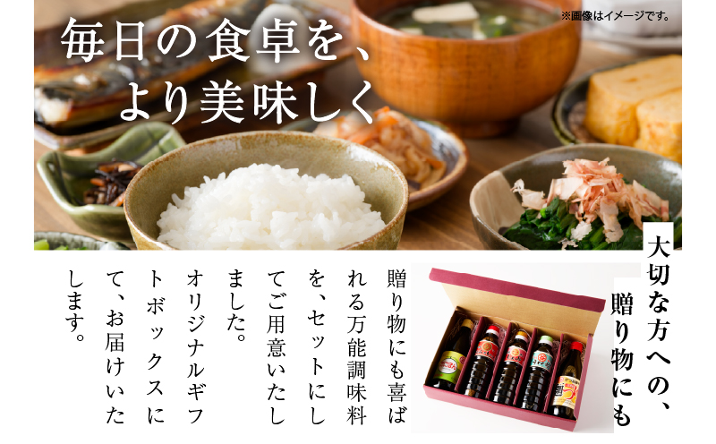 マルタニしょうゆ 食べ比べギフトセット(合計5本) 食品 加工品 万能調味料 さしみ醤油 うすくち醤油 ポン酢 麺つゆ めんつゆ オリジナルBOX入り 肉料理 魚料理 野菜料理 詰め合わせ おすすめ プレゼント 贈り物 おすそ分け 宮崎県 日南市 送料無料_BD117-25