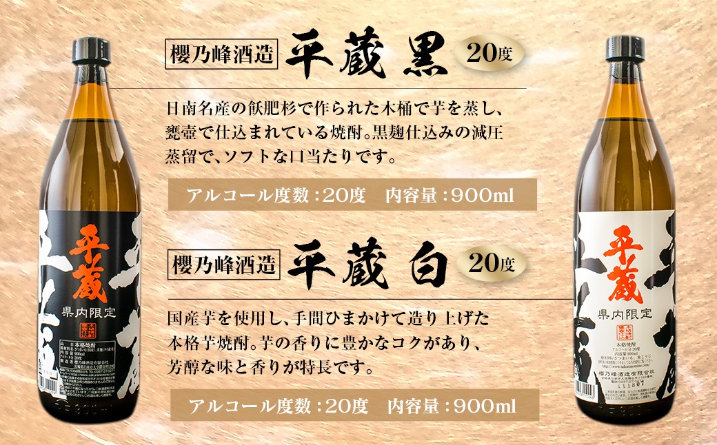宮崎限定 4種類 焼酎 飲み比べ セット 900ml 6本 お酒 アルコール 飲料 芋焼酎 平蔵 白 黒 八重桜 郷酒 匠の蔵 呑み比べ 地酒 櫻乃峰酒造 古澤醸造 松の露酒造 晩酌 家飲み ご褒美 お祝い 記念日 おもてなし お取り寄せ グルメ 宮崎県 日南市 送料無料_CA31-23