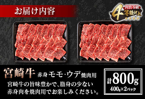 宮崎牛 赤身 モモ ウデ 焼肉 セット 計800g 牛肉 ビーフ 黒毛和牛 国産 ブランド牛 赤身肉 おすすめ おもてなし BBQ バーベキュー グランピング 鉄板焼き ご褒美 お祝い 記念日 詰め合わせ お取り寄せ グルメ 4等級以上 A4ランク以上 宮崎県 日南市 送料無料_DC28-25