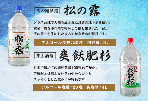 本格 芋焼酎 飲み比べ セット 4L × 4本 松の露 爽 赤 飫肥杉 さらさらと 20度 お酒 アルコール 飲料 飲み物 晩酌 ご褒美 お取り寄せ グルメ 詰め合わせ 呑み比べ 宅呑み お祝い 記念日 ギフト プレゼント おすすめ おもてなし 地酒 宮崎県 日南市 送料無料_FI3-22