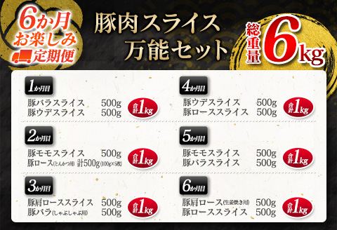 6か月 お楽しみ 定期便 豚肉 スライス 万能 セット 総重量6kg ポーク 国産 食品 豚バラ 豚ウデ 豚モモ 豚ロース 豚肩ロース すき焼き しゃぶしゃぶ とんかつ 生姜焼き おかず お弁当 おつまみ 贅沢 ご褒美 お祝 記念日 お取り寄せ 宮崎県 日南市 送料無料_IF3-23