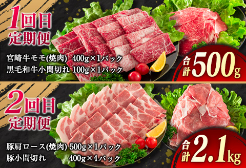 【令和8年2月から毎月配送】5か月定期便 月替わりで堪能!! 牛肉 豚肉 焼肉 セット 豚バラ 肩ロース モモ ウデ 総重量5.6kg 国産 食品 おかず BBQ バーベキュー 小分け 宮崎牛 黒毛和牛 小間切れ 赤身 A4 A5 高級 グランピング お弁当 おすすめ 人気 選べる ミヤチク 宮崎県 日南市 送料無料_JE5-25-A 令和8年2月から毎月配送
