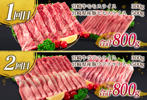 年末年始限定 6か月 お楽しみ 定期便 宮崎牛 ＆ 県産豚 よくばり スライス セット 総重量4.8kg 肉 牛肉 豚肉 国産 6回 すき焼き しゃぶしゃぶ 牛丼 黒毛和牛 和牛 モモ ウデ 牛バラ 豚ロース ブランド牛 おすすめ おかず お弁当 宮崎県 日南市 送料無料_JG3-24
