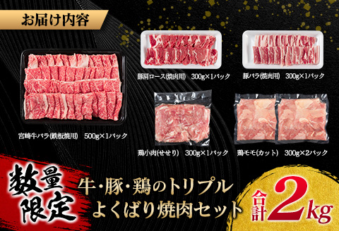 数量限定 牛肉 豚肉 鶏肉 トリプル よくばり 焼肉 セット 合計2kg 宮崎牛 ブランド牛 黒毛和牛 国産 食品 高級 贅沢 ご褒美 お祝 人気 おすすめ おかず お弁当 BBQ キャンプ グランピング お取り寄せ グルメ 詰め合わせ 大容量 宮崎県 日南市 送料無料_CB101-25