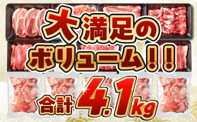 【1月末までにお届け】数量限定 豚肉 6種 盛り合わせ セット 合計4.1kg 豚 小分け 豚バラ 豚ロース 豚こま 国産 食品 人気 おかず 焼肉 しゃぶしゃぶ 豚丼 食べ比べ 料理に大活躍 使い勝手抜群 選べる配送月 ミヤチク 送料無料_CD86-25-01 1月末までにお届け(寄附額19,000円)