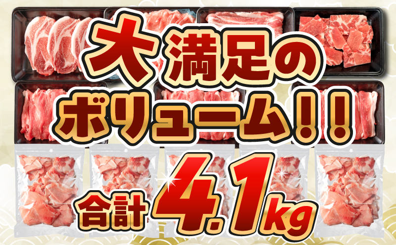 【6月末までにお届け】数量限定 豚肉 6種 盛り合わせ セット 合計4.1kg 豚 小分け 豚バラ 豚ロース 豚こま 国産 食品 人気 おかず 焼肉 しゃぶしゃぶ 豚丼 食べ比べ 料理に大活躍 使い勝手抜群 選べる配送月 ミヤチク 送料無料_CC82-25-06 6月末までにお届け（寄附額18,000円）