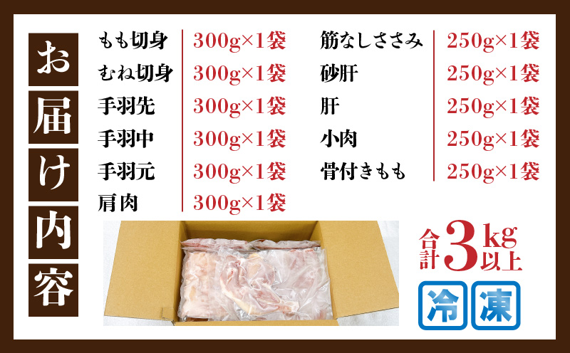 【ANA限定】若鶏 まるごと セット 合計3kg以上 鶏肉 国産 チキン 鶏もも肉 鶏むね肉 切身 ささみ 肝 砂肝 小肉 手羽先 手羽中 手羽元 肩肉 骨付きもも 人気 小分け おかず お弁当 食品 真空パック BBQ お取り寄せ おすすめ 記念日 お祝い おすそ分け 日南市 宮崎県 送料無料_CA57-24