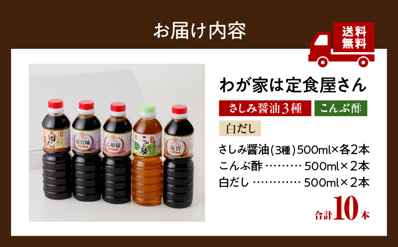 わが家は定食屋さん さしみ醤油 3種 こんぶ酢 白だし 合計10本 しょうゆ 食品 調味料 国産 竹井醸造 エンマン醤油 刺身醤油 食べ比べ 煮物 酢の物 大豆 詰め合わせ おすすめ ギフト プレゼント 贈り物 おすそ分け お取り寄せ グルメ 宮崎県 日南市 送料無料_DD10-24