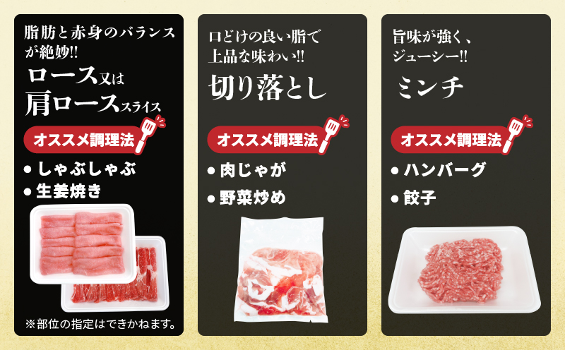 宮崎県産 豚肉 3種 セット (合計4.2kg) 国産 食品 切り落とし ロース 肩ロース スライス ミンチ しゃぶしゃぶ 生姜焼き 豚丼 ハンバーグ 餃子 ミートソース 個包装 小分け おすすめ おかず お弁当 晩ご飯 手軽 便利 ギフト 贈り物 冷凍 日南市 送料無料_D108-25