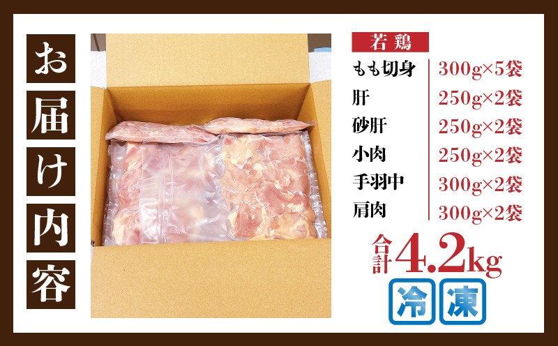 【ANA限定】若鶏 焼肉 セット 合計4.2kg 鶏肉 国産 チキン 鶏もも肉 切身 肝 砂肝 小肉 手羽中 チキンリブ 肩肉 人気 小分け 便利 おかず お弁当 おつまみ 食品 真空パック BBQ 唐揚げ お取り寄せ おすすめ ご褒美 記念日 お祝い おすそ分け 日南市 宮崎県 送料無料_D94-24