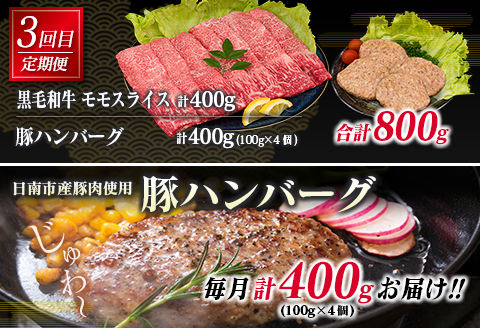 3か月 お楽しみ 定期便 黒毛和牛 スライス 豚 ハンバーグ 総重量2.4kg 牛肉 豚肉 国産 すき焼き しゃぶしゃぶ 肩ロース ウデ モモ 食品 おかず お弁当 グルメ 贅沢 ご褒美 お祝 人気 おすすめ 詰め合わせ お取り寄せ ミヤチク 宮崎県 日南市 送料無料_GE15-25