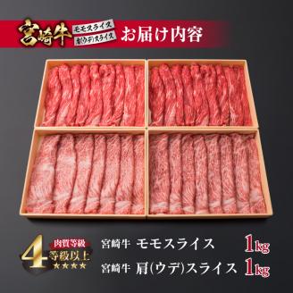 宮崎牛 モモ 肩ウデ スライス セット 合計2kg 牛肉 ビーフ 黒毛和牛 肉質等級4等級以上 国産 すき焼き しゃぶしゃぶ すきやき 焼肉 食品 ブランド牛 赤身肉 食べ比べ 贅沢 高級 ご褒美 お祝い 記念日 お取り寄せ グルメ おすすめ 宮崎県 日南市 送料無料_I13-191