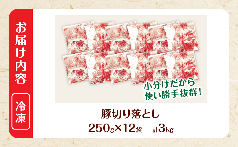 大人気 生冷凍 厳選 豚切り落とし 計3kg 国産 食品 豚肉 ぶた ポーク 小分け 個包装 真空パック 便利 大容量 生姜焼き 野菜炒め 豚汁 肉じゃが 豚丼 お弁当 おかず 晩ご飯 おすすめ 使い切りサイズ 万能食材 おすそ分け 宮崎県 日南市 送料無料_CB111-25-2W 【計3kg】250g×12袋