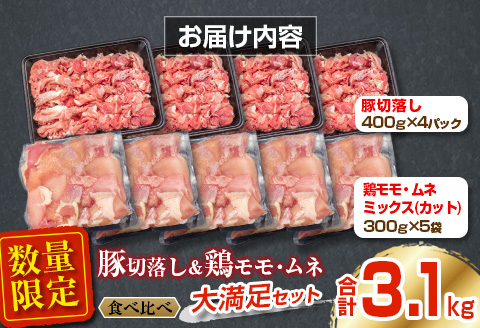 数量限定 豚肉 切り落とし 鶏肉 モモ ムネ セット 合計3.1kg 国産 食品 ポーク チキン おかず 人気 大容量 万能食材 焼肉 から揚げ 炒め物 お弁当 おつまみ 詰め合わせ 食べ比べ 小分け 便利 おすすめ グルメ お取り寄せ おすそ分け 宮崎県 日南市 送料無料_C146-25