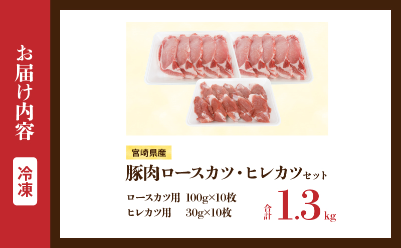 宮崎県産 豚肉ロースカツ用＆ヒレカツ用セット 合計1.3kg 国産 食品 2種 食べ比べ とんかつ トンテキ ポークステーキ 角煮 ソテー 豚丼 小分け おすすめ おかず お弁当 晩ご飯 手軽 便利 万能食材 ギフト 贈り物 冷凍 日南市 送料無料_BB156-25 合計1.3kg