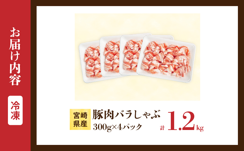 宮崎県産 豚肉 バラしゃぶ 計1.2kg 国産 食品 豚バラ スライス しゃぶしゃぶ 冷しゃぶ 鍋 炒め物 豚丼 焼肉 BBQ 個包装 小分け パック おすすめ おかず お弁当 晩ご飯 手軽 便利 万能食材 ギフト 贈り物 冷凍 日南市 送料無料_BC125-25 計1.2kg(300g×4パック)