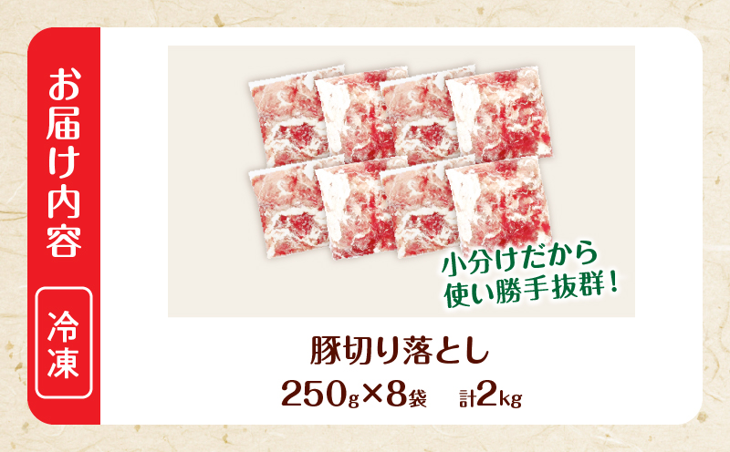 大人気 生冷凍 厳選 豚切り落とし 計2kg 国産 食品 豚肉 ぶた ポーク 小分け 個包装 真空パック 便利 大容量 生姜焼き 野菜炒め 豚汁 肉じゃが 豚丼 お弁当 おかず 晩ご飯 おすすめ 使い切りサイズ 万能食材 おすそ分け 宮崎県 日南市 送料無料_BD111-25-2W 【計2kg】250g×8袋