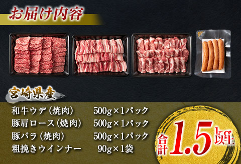 数量限定 牛肉 豚肉 食べ比べ パクパク 焼肉 セット 粗挽き ウインナー 合計1.5kg以上 国産 和牛 ウデ 豚肩ロース 豚バラ おかず 食品 人気 グルメ お弁当 BBQ キャンプ グランピング 詰め合わせ おすすめ お取り寄せ ミヤチク 宮崎県 日南市 送料無料_CD78-25