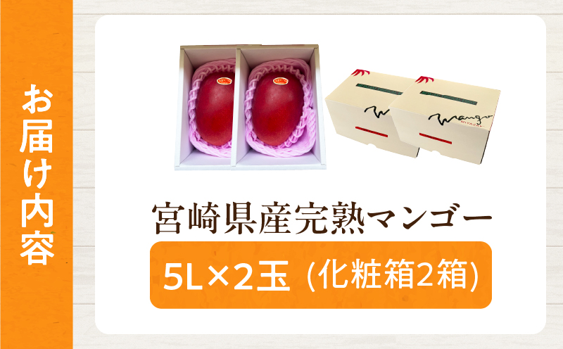 特大5Lサイズ 宮崎県産 完熟マンゴー 2玉 化粧箱入り 令和8年発送分 期間限定 数量限定 フルーツ 果物 くだもの 国産 食品 デザート おすすめ ご褒美 贅沢 産地直送 特大 希少 お祝 お土産 プレゼント ギフト 贈り物 宮崎県 日南市 送料無料_E48-24 2玉