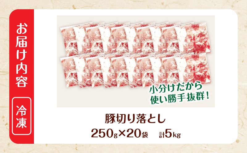大人気 生冷凍 厳選 豚切り落とし 計5kg 国産 食品 豚肉 ぶた ポーク 小分け 個包装 真空パック 便利 大容量 生姜焼き 野菜炒め 豚汁 肉じゃが 豚丼 お弁当 おかず 晩ご飯 おすすめ 使い切りサイズ 万能食材 おすそ分け 宮崎県 日南市 送料無料_E51-25-2W 【計5kg】250g×20袋