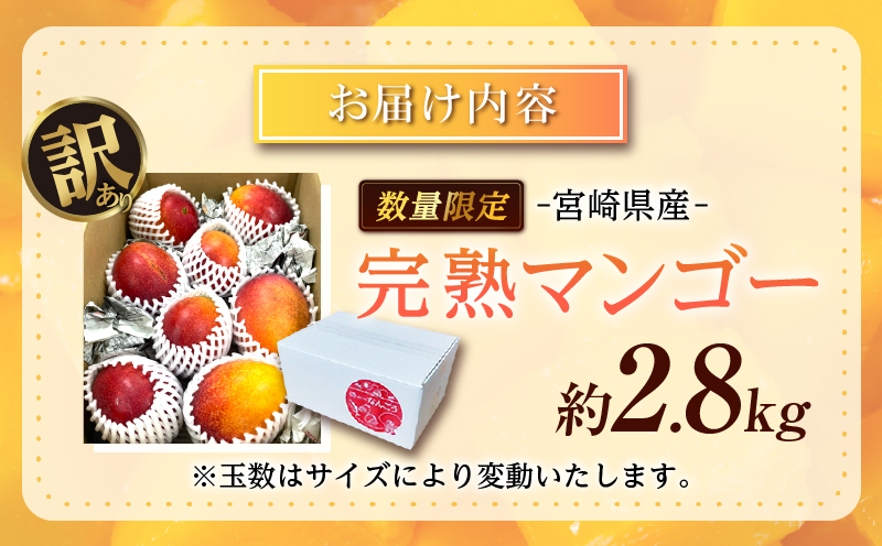訳あり 宮崎県産 完熟マンゴー 約2.8kg 期間限定 数量限定 フルーツ 果物 くだもの 国産 食品 デザート おやつ フルーツサンド おすすめ ご褒美 贅沢 産地直送 傷 規格外 訳アリ おすそ分け 家庭用 冷蔵 宮崎県 日南市 送料無料_F77-24 約2.8kg