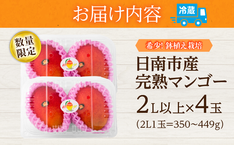数量限定 希少 完熟マンゴー 鉢植え栽培 2L以上 × 4玉 フルーツ 果物 くだもの 期間限定 国産 食品 高糖度 濃厚 贅沢 上質 人気 おすすめ デザート おやつ ご褒美 お取り寄せ グルメ 贈り物 プレゼント ギフト お土産 お祝 宮崎県 日南市 産地直送 送料無料_FC16-25