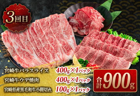 数量限定 3か月 お楽しみ 定期便 宮崎牛 スライス 焼肉 セット 総重量1.8kg 牛肉 黒毛和牛 ブランド牛 ミヤチク 国産 肩ロース モモ バラ ウデ 小間切れ 食品 おかず すき焼き しゃぶしゃぶ お祝 記念日 ご褒美 お取り寄せ グルメ 宮崎県 日南市 送料無料_HE7-25